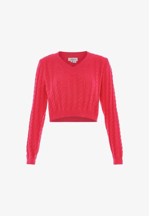 Pulover scurt, ajustat, de culoare roz aprins. Prezintă un decolteu în V și un model texturat de tricotaj cu cablu. Mâneci lungi cu manșete rib.