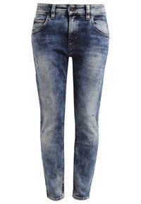 Blå blekta skinny jeans med lätt slitage, framknäppning med knapp och dragkedja, bältesöglor och femficksstil.