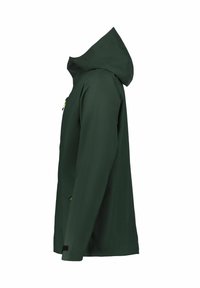 Mörkgrön vattentät jacka med huva, utrustad med gula dragkedjeinslag och kardborrefästen, designad med rak passform och slät textur.