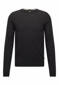 Schwarzer Pullover mit langem Ärmel aus weichem Stoff, mit Rundhalsausschnitt, gerippten Bündchen und Saum. Besitzt ein minimalistisches Design ohne sichtbare Muster.