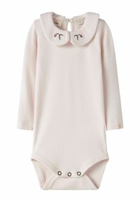 Light pink long-sleeve bodysuit with a collar, featuring embroidered floral details. It has snap fasteners at the bottom and a back closure.
