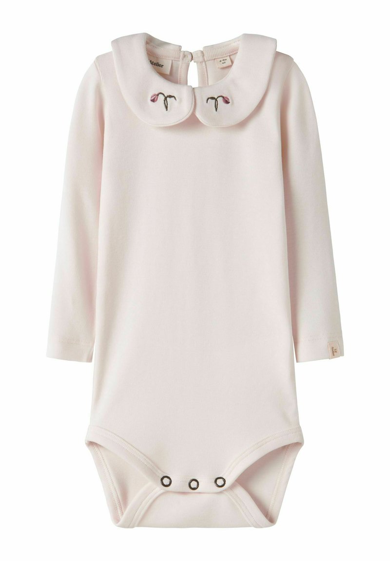 Light pink long-sleeve bodysuit with a collar, featuring embroidered floral details. It has snap fasteners at the bottom and a back closure.