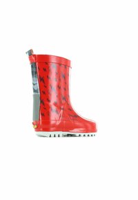 Botte de pluie en caoutchouc rouge avec un motif d'éclair noir, finition brillante, accent gris au talon et semelle blanche texturée pour plus d'adhérence.