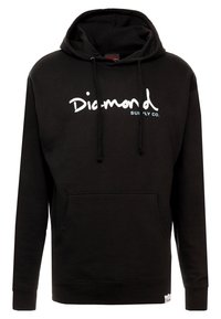 Černá mikina s kapucí a přední kapsou, zdobená bílým logem "Diamond Supply Co." na hrudi, s kapucí na šňůrku a dlouhými rukávy.
