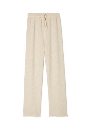 Beige, soft terry fabric lounge pants with an elastic waistband, drawstring, and scalloped hem details. Straight-leg cut with a relaxed fit.