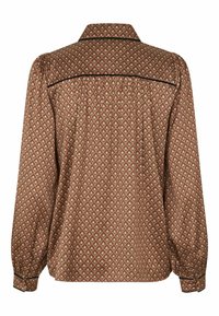 Blouse marron à manches longues avec motif losanges, passepoil noir le long de l'empiècement dos et des poignets, vue de dos.