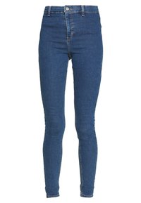 Högmidjade smala jeans i mörkblå denim. Har en frontknappstängning, bälteshällor och smala ben med en jämn textur.