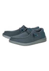 Zapatos de malla grises con punta redondeada, cordones elásticos y acentos en color teal contrastante. Parte superior texturizada y suela de goma flexible y texturizada.