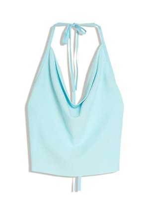 Top halter en maille côtelée bleu clair avec un profond décolleté drapé et des liens de fermeture au niveau du cou et du dos.