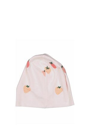 Lyserød stofhat med spredte print af orange og røde jordbær med grønne blade.