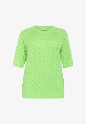 Kratki rukavi, svijetlozeleni pleteni pulover s uzorkom dijamanta, rebrastim izrezom i rubom, te slobodnim, opuštenim krojem.