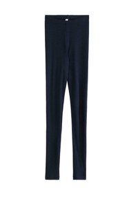 Mørkeblå leggings lavet af strækstof. Tæt siddende design med en glat overflade og elastisk talje, der giver komfort og fleksibilitet.