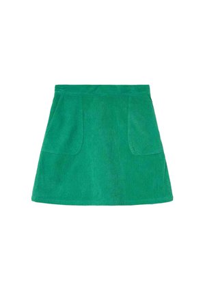 Falda mini en pana verde en corte A con bolsillos frontales y una cintura ajustada.