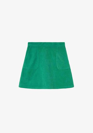 Falda mini en pana verde en corte A con bolsillos frontales y una cintura ajustada.