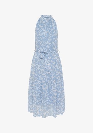 Lichtblauwe jurk met een getextureerd, abstract wit patroon. Beschikt over een gerimpelde halslijn, een verstelbare strik in de taille en een vloeiende rok.