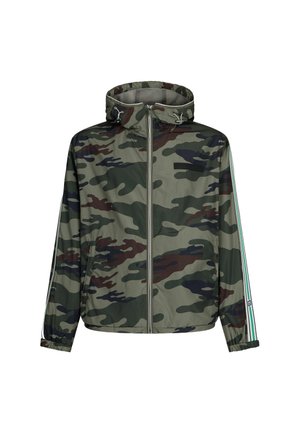 Camouflagejack met capuchon, gemaakt van lichtgewicht materiaal. Voorzien van een rits aan de voorkant, elastische manchetten en patronen in groen, bruin en zwart.