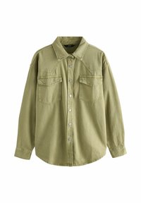 Olivgrünes Denimhemd mit langen Ärmeln, zwei vorderen Taschen, spitzem Kragen und silbernen Druckknöpfen vorne. Glatte Textur.