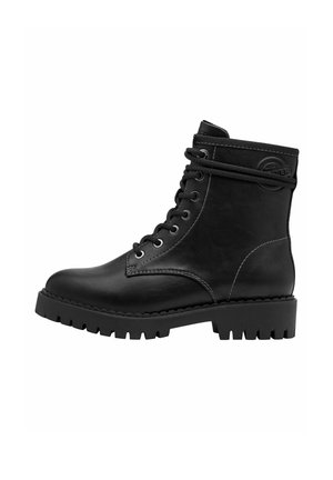 Bottines en cuir noir, à bout rond, avec un design à lacets et une semelle en caoutchouc robuste. Comprend des œillets en métal et des accents de couture.