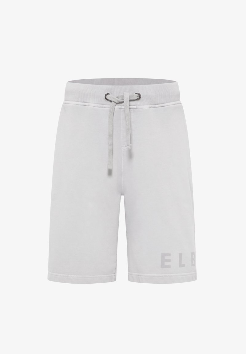 Shorts gris clair en tissu doux, dotés d'une taille avec cordon de serrage ajustable et d'une discrète impression de marque sur la jambe gauche.
