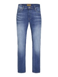 Jeans slim-fit de culoare bleu, cu efect de decolorare, cu buton frontal și fermoar, stil cu cinci buzunare și etichetă de marcă vizibilă pe talie.