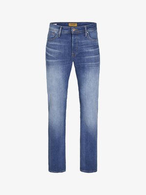 Blå blekede slim-fit jeans med frontknapp og glidelås, fem-lomme stil, og synlig merkevaremerke på livdelen.