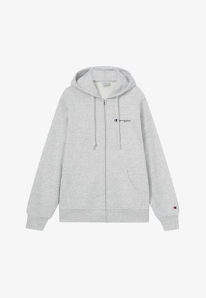 Felpa con cappuccio grigia con cerniera a zip, realizzata in tessuto misto cotone, dotata di cappuccio, coulisse, tasche a marsupio e dettagli con logo sul petto e sulla manica.