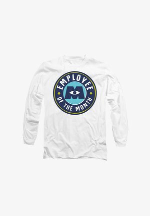 White long-sleeve shirt featuring a circular logo with "EMPLOYEE OF THE MONTH," an eye symbol, and blue and navy accents.