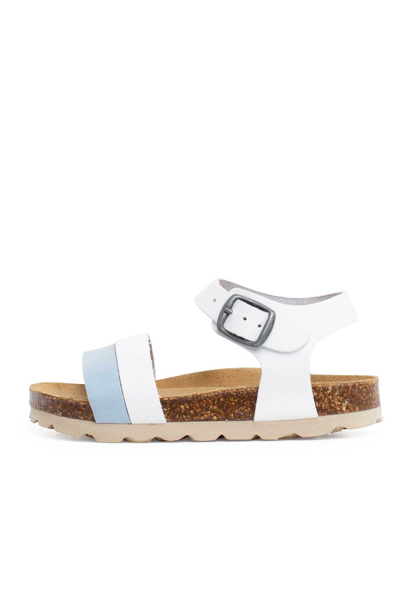 White and light blue sandal, featuring a cork sole, adjustable strap with metal buckle, and a textured footbed. Ergonomic design with ridged outsole.