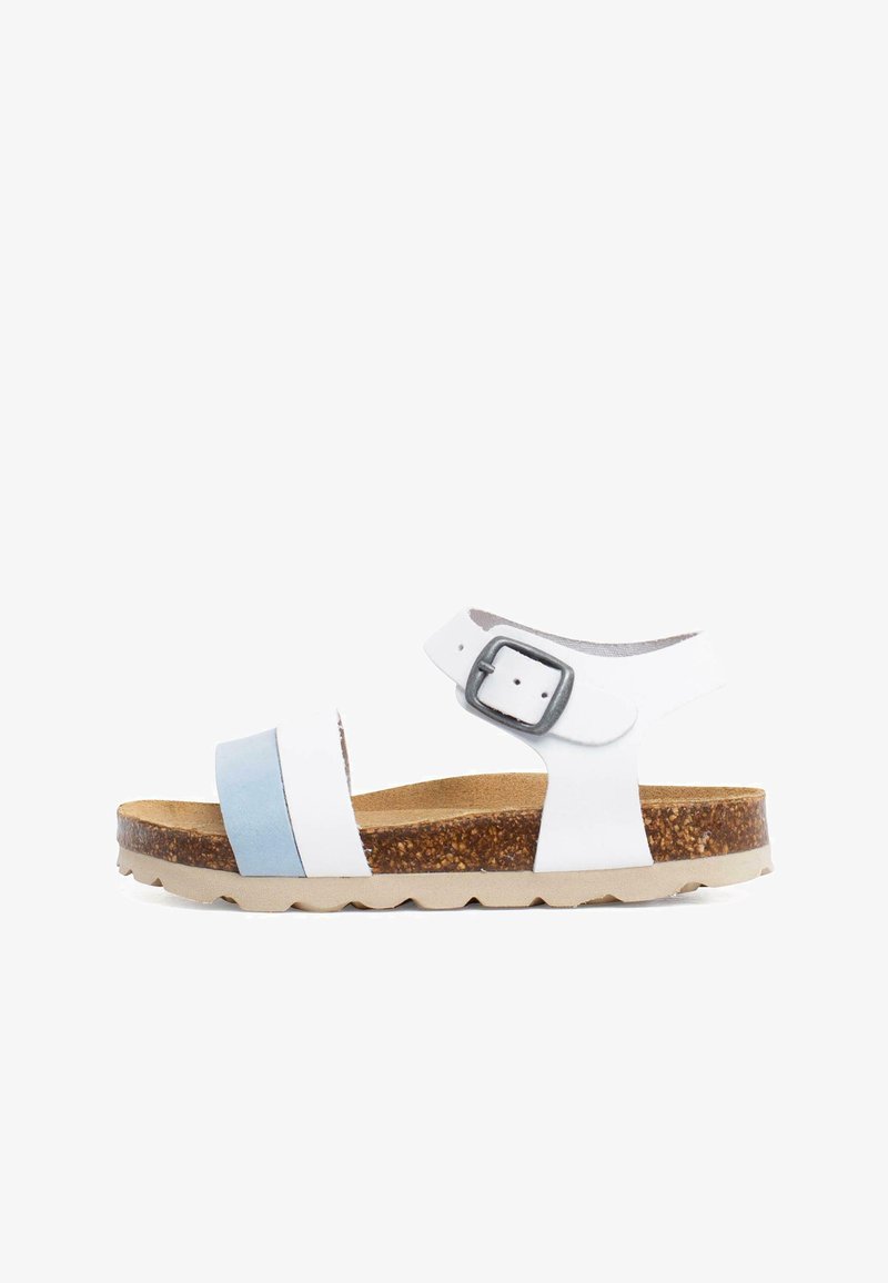 White and light blue sandal, featuring a cork sole, adjustable strap with metal buckle, and a textured footbed. Ergonomic design with ridged outsole.