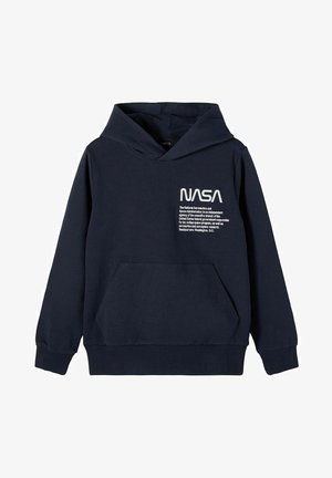 Sweat à capuche bleu marine en coton avec une poche avant. Logo NASA blanc et texte imprimés sur la poitrine gauche.
