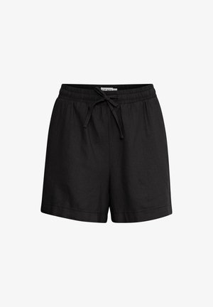 Crne, lagane kratke hlače s elastičnim pojasom i podesivom vezicom. Imaju glatku teksturu i ravni kroj.