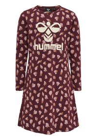 Bordowa sukienka z długim rękawem z kremowym logo „hummel”. Wzór składa się z małych jasnoróżowych i brązowych kształtów liści. Miękka tkanina i luźny krój.