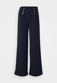 Navy wide-leg trousers made of smooth fabric, featuring a high waist with five decorative gold buttons at the front.