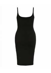 Czarna żebrowana sukienka midi z cienkimi ramiączkami, dopasowany fason, okrągły dekolt i gładka tekstura, sięgająca długości do kolan przy dolnej krawędzi.