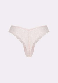 Helles rosa Spitzen-Thong mit gewellten Kanten und floralen Mustern, einem schmalen Rücken und einem glatten, transparenten Vorderpanel.
