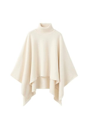 Poncho de color crema con cuello alto, hecho de material suave, con un ajuste relajado y un diseño fluido similar a una capa.
