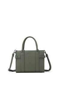 Borsa a mano in pelle verde texturizzata con lati rinforzati, manici superiori e tracolla regolabile. Presenta un logo impresso sul davanti.