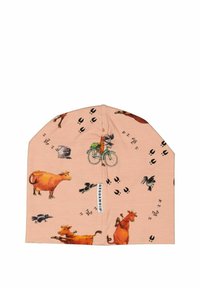 Rosa bomullsmössa med illustrationer av kor, fåglar och fotspår, samt en sydd etikett. Mjuk textur och snug passform.