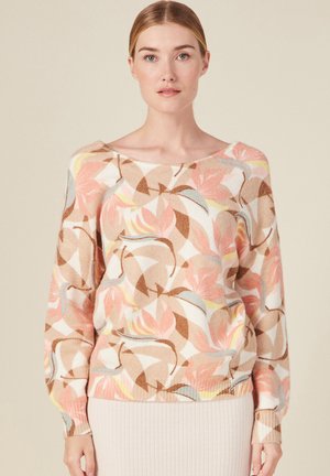 Maglione lavorato a maglia con design senza spalline, caratterizzato da un motivo floreale in rosa, marrone e colori pastello. Polsini e orlo a coste.