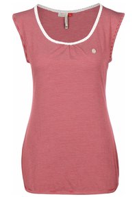 Röd- och vitrandig ärmlös topp med rund halsringning, veckad detalj framtill och en liten logotypaccent nära bröstet.