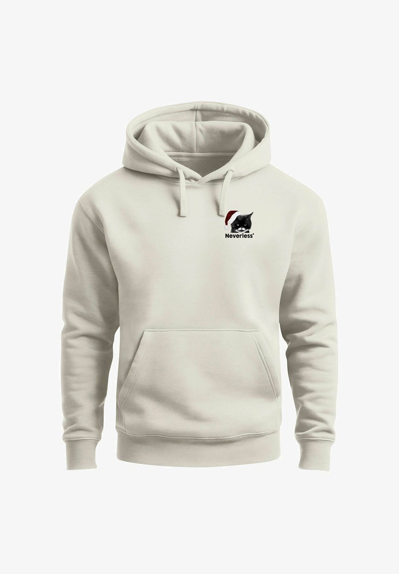 Light beige hoodie made of soft material, featuring a front pocket, drawstring hood, and a black cat logo with a Santa hat on the chest.