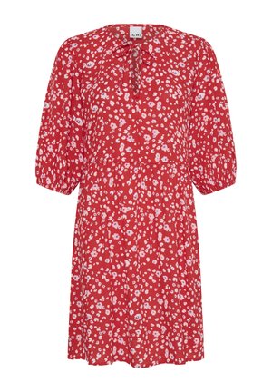 Abito rosso al ginocchio con stampa floreale bianca e rosa, maniche a tre quarti a sbuffo e un piccolo fiocco all'alto scollo.