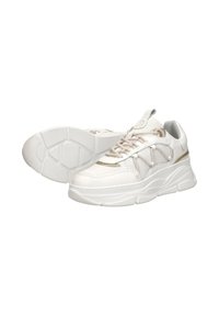 White athletic shoes with a textured mesh upper, leather accents, and a chunky sole. Features metallic gold detailing and prominent laces.