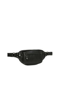 Marsupio in pelle nera con tracolla regolabile, scomparto principale con zip e tasca frontale con hardware argentato e texture liscia.
