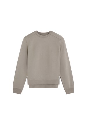 Hellbraunes Sweatshirt mit Rundhalsausschnitt, langen Ärmeln, Rippbündchen und kleinem dezentem Logo auf der linken Brust.