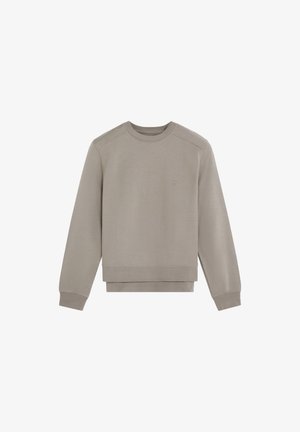 Lysebrun crewneck-sweatshirt med lange ærmer, ribstrikkede manchetter og et lille diskret logo på venstre bryst.