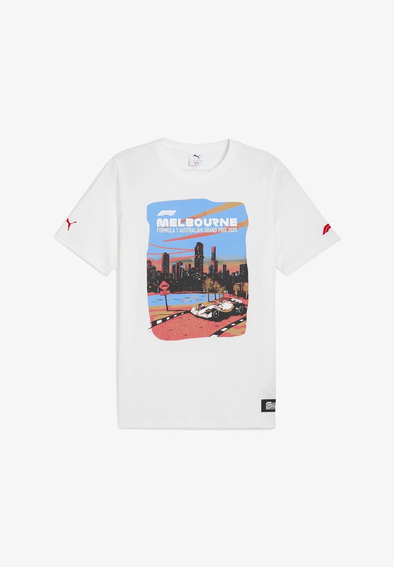 Biała bawełniana koszulka z kolorowym nadrukiem przedstawiającym Melbourne oraz samochód Formuły 1, czerwone akcenty na rękawach i metka z boku.
