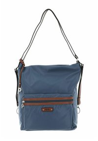 Sac à bandoulière en nylon bleu avec un accent en cuir marron, sangle longue réglable, fermeture supérieure à glissière, et une poche avant avec des coutures contrastantes.