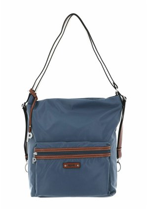 Sac à bandoulière en nylon bleu avec un accent en cuir marron, sangle longue réglable, fermeture supérieure à glissière, et une poche avant avec des coutures contrastantes.