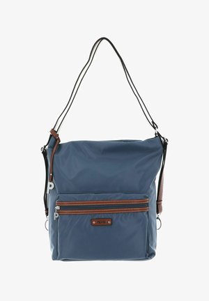Sac à bandoulière en nylon bleu avec un accent en cuir marron, sangle longue réglable, fermeture supérieure à glissière, et une poche avant avec des coutures contrastantes.